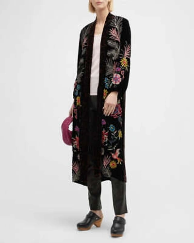 Pre-owned Johnny Was Tiarei Velvet Bishop Sleeve Kimono Coat Floral Embroidery Black