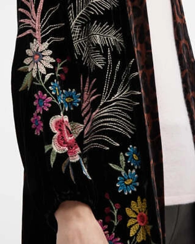 Pre-owned Johnny Was Tiarei Velvet Bishop Sleeve Kimono Coat Floral Embroidery Black
