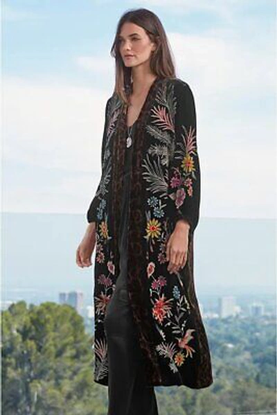 Pre-owned Johnny Was Tiarei Velvet Bishop Sleeve Kimono Coat Floral Embroidery Black