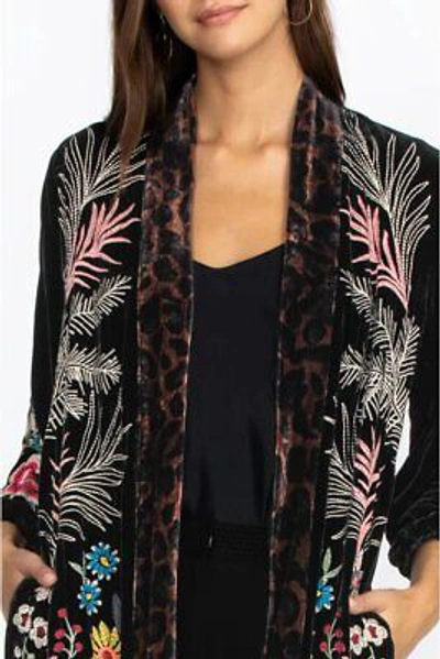 Pre-owned Johnny Was Tiarei Velvet Bishop Sleeve Kimono Coat Floral Embroidery Black