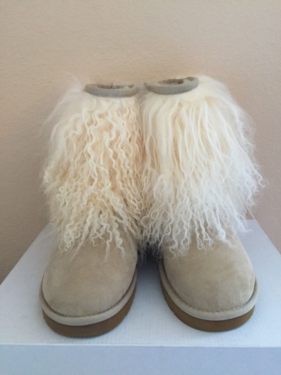 Pre-owned Ugg Classic Short Mongolian Sheepskin Cuff Sand Boots Us 6 / Eu 37 / Uk 4.5 In Beige