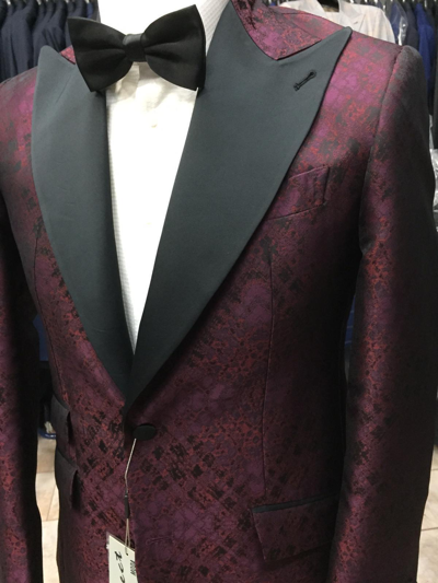 Pre-owned Handmade Red/burgundy Ceremonial Tuxedo With Black Silk 5 Inch Peak Lapel - Made In Italy