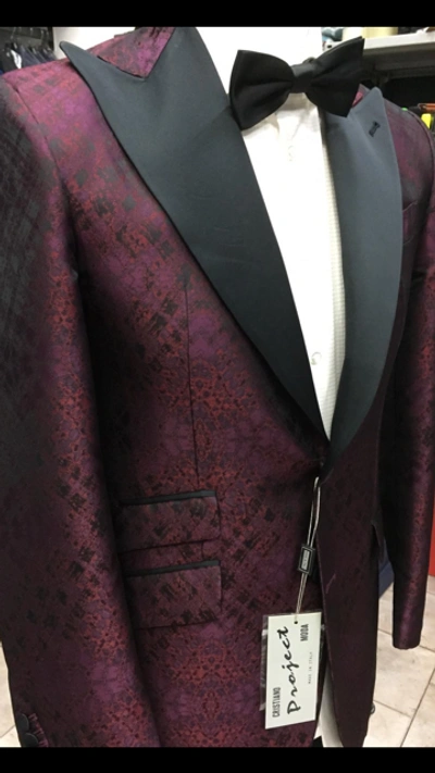 Pre-owned Handmade Red/burgundy Ceremonial Tuxedo With Black Silk 5 Inch Peak Lapel - Made In Italy