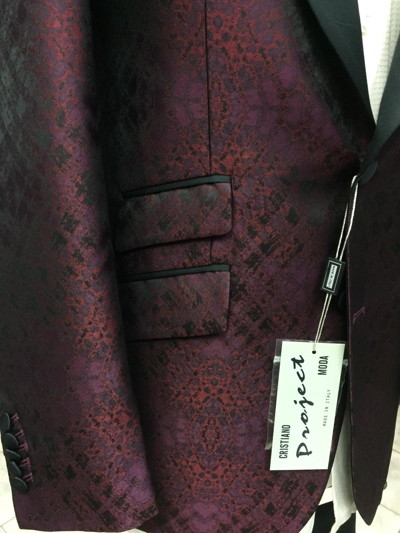 Pre-owned Handmade Red/burgundy Ceremonial Tuxedo With Black Silk 5 Inch Peak Lapel - Made In Italy