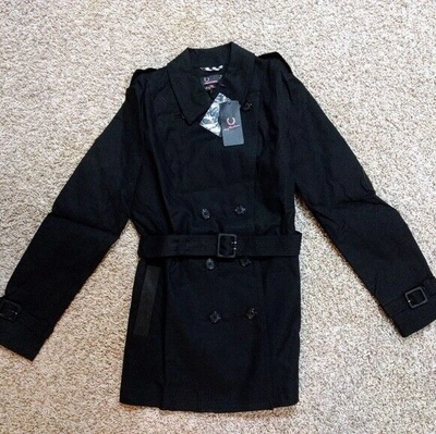 Pre-owned Fred Perry Trench Coat Jacket Size Uk 12 Us 8 M Amy Winehouse Black Leather Crop
