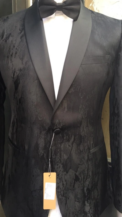 Pre-owned Handmade Black Jacquard We Print Tuxedo Suit In Silk Shawl Lapel - Made In Italy