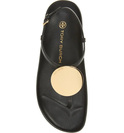 Pre-owned Tory Burch Patos Disk Thong Cloud Leather Sandal Black Us 7.5 Authentic