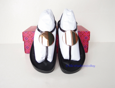 Pre-owned Tory Burch Patos Disk Thong Cloud Leather Sandal Black Us 7.5 Authentic