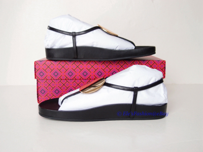 Pre-owned Tory Burch Patos Disk Thong Cloud Leather Sandal Black Us 7.5 Authentic
