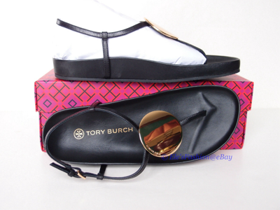 Pre-owned Tory Burch Patos Disk Thong Cloud Leather Sandal Black Us 7.5 Authentic