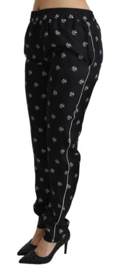 Pre-owned Dolce & Gabbana Dolce&gabbana Women Black Pants 100% Silk Printed Mid Waist Fashion Trousers