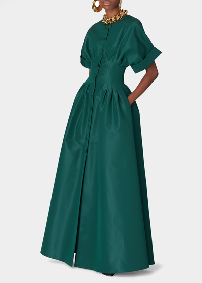 Shop Carolina Herrera Roll-sleeve Pleated Silk Gown In Racing Green