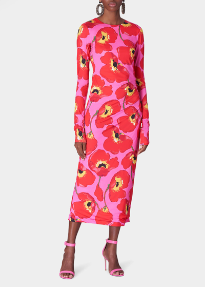 Shop Carolina Herrera Floral-print Ruched Midi Dress In Poppy Multi