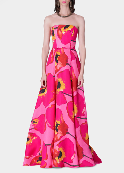 Shop Carolina Herrera Strapless Floral-print A-line Silk Gown In Pink Multi