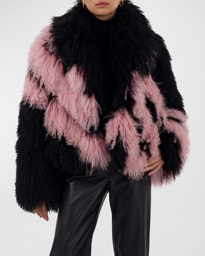 Shop Gorski Chevron Mongolian Lamb Shearling Crop Jacket In Black/pink