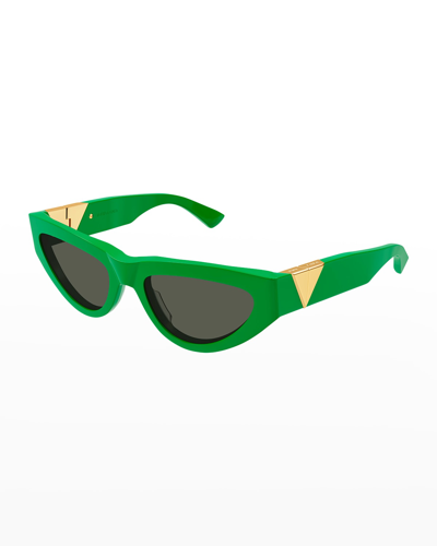 Shop Bottega Veneta Inverted Triangle Acetate Cat-eye Sunglasses In Shiny Solid Green