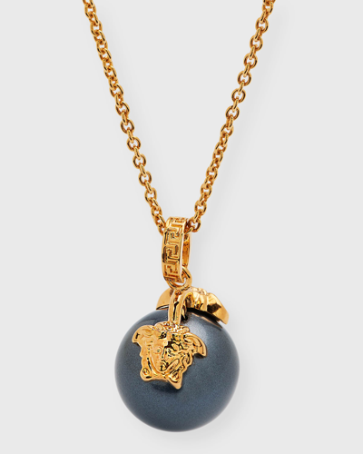 Shop Versace Men's Medusa Faux Pearl Chain Necklace In White/gold