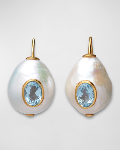 Shop Lizzie Fortunato Pablo 24k Gold Plated Baroque Pearl And Blue Topaz Drop Earrings In Multi