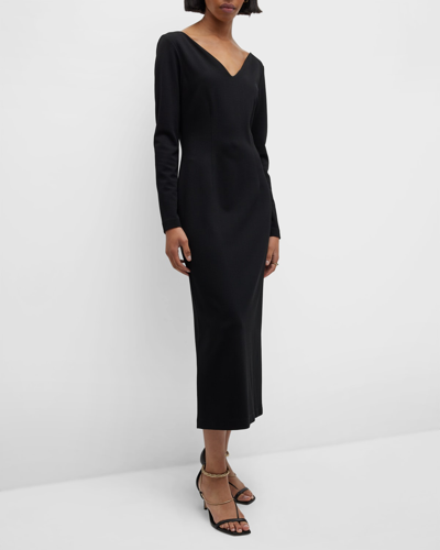 Shop Lafayette 148 Long-sleeve V-neck Midi Dress In Black