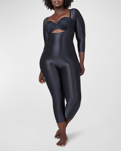 Shop Spanx 3/4-sleeve Open-bust Catsuit In Very Black