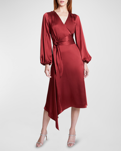 Shop Santorelli Vanna Faux Wrap Blouson-sleeve Midi Dress In Garnet