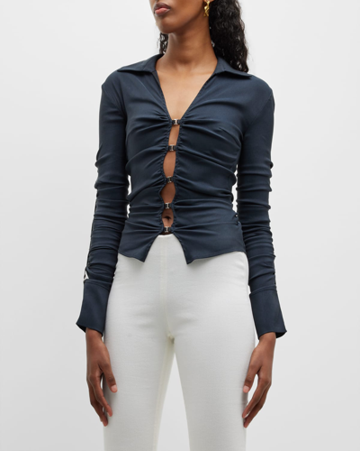 Shop Jacquemus Soffio Ruched Jersey Shirt In Navy