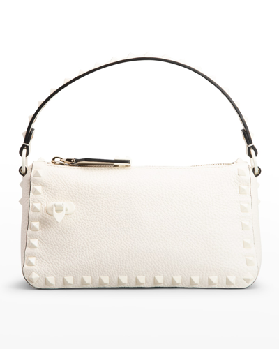 Shop Valentino Rockstud Small Flat Leather Shoulder Bag In Ivory