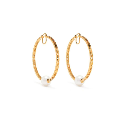 VERSACE GOLD-TONE GRECA PEARL HOOP EARRINGS 10072051A0510518876842