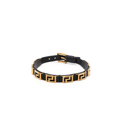 Versace Black La Greca Leather Choker Necklace In Black