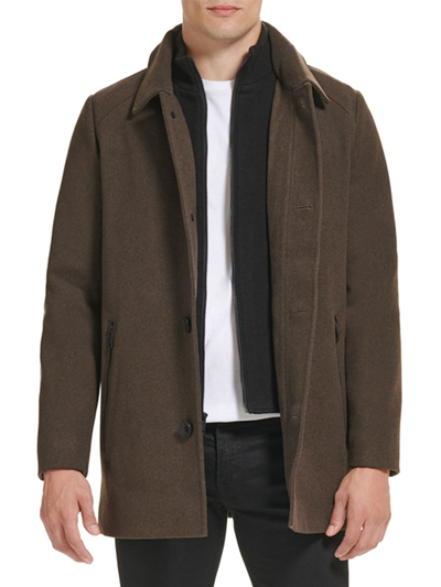Shop Kenneth Cole Men's Mockneck Sweater Lined Wool Blend Coat In Brown