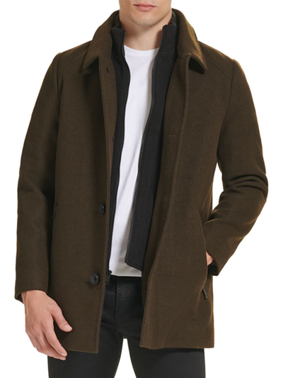 Shop Kenneth Cole Men's Mockneck Sweater Lined Wool Blend Coat In Olive