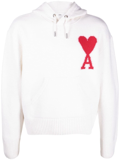 Shop Ami Alexandre Mattiussi Ace Of Hearts Knitted Hoodie In White