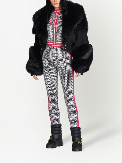 Balmain Side-stripe Monogram Knit Leggings In White