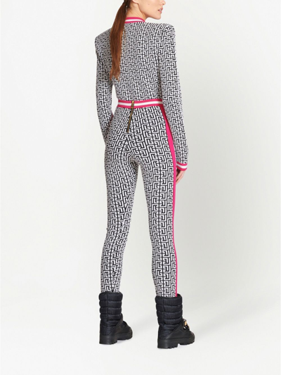 Balmain Side-stripe Monogram Knit Leggings In White