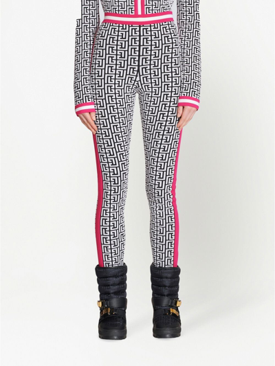 Balmain Side-stripe Monogram Knit Leggings In White
