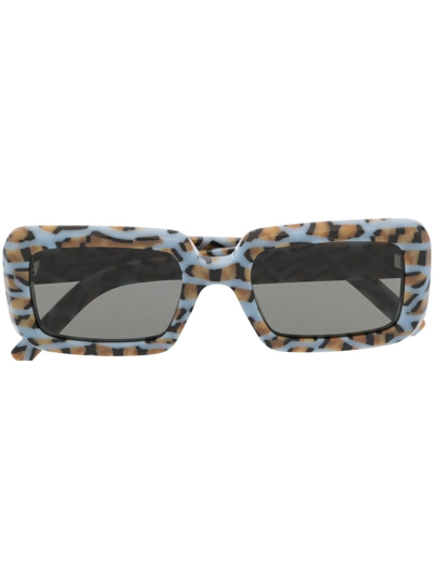 Shop Saint Laurent Leopard-print Rectangle-frame Sunglasses In Blue