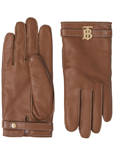 Shop Burberry Monogram-motif Leather Gloves In Brown
