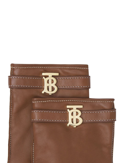 Shop Burberry Monogram-motif Leather Gloves In Brown