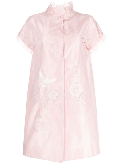 Shop Shiatzy Chen Silk Embroidered Ruffle-trim Coat In Pink