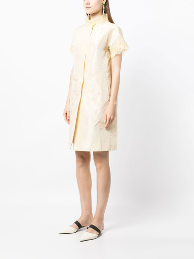 Shop Shiatzy Chen Silk Embroidered Ruffle-trim Coat In Yellow