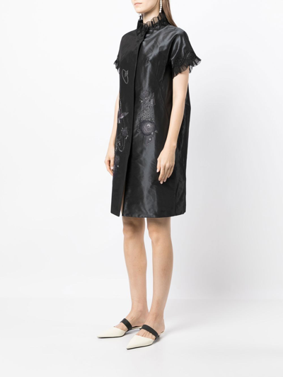 Shop Shiatzy Chen Silk Embroidered Ruffle-trim Coat In Black