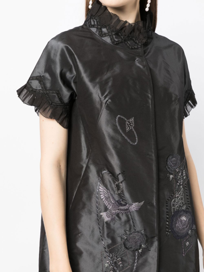 Shop Shiatzy Chen Silk Embroidered Ruffle-trim Coat In Black