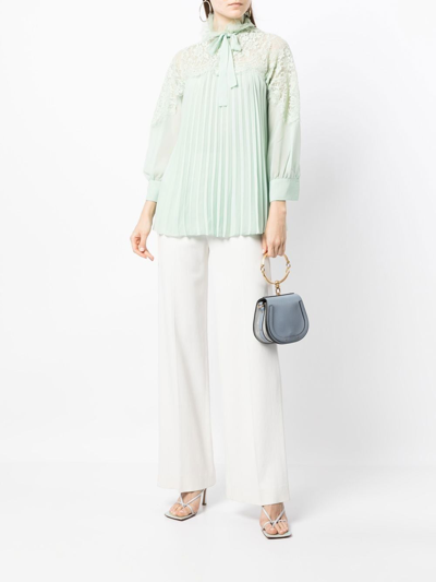 Shiatzy Chen Pleated Lace-collared Blouse In Green