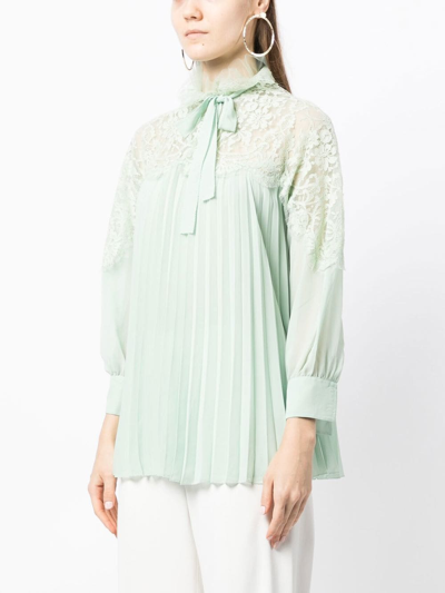 Shiatzy Chen Pleated Lace-collared Blouse In Green