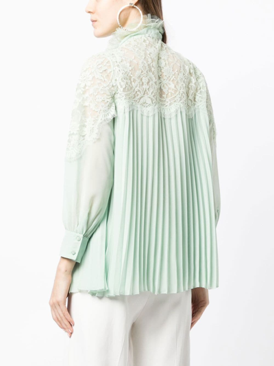 Shiatzy Chen Pleated Lace-collared Blouse In Green