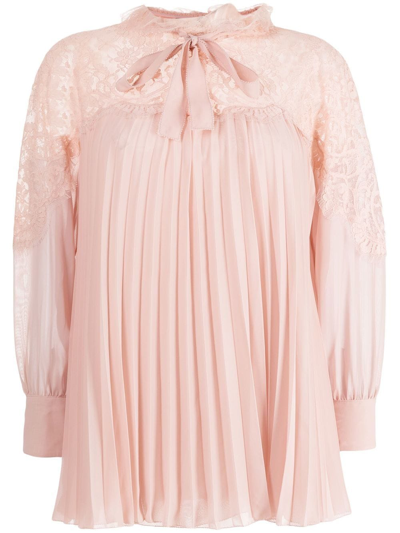 Shop Shiatzy Chen Pleated Lace-collared Blouse In Pink