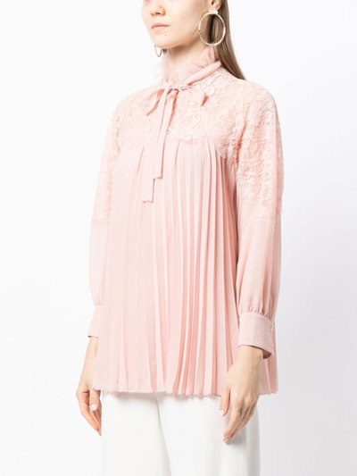 Shop Shiatzy Chen Pleated Lace-collared Blouse In Pink