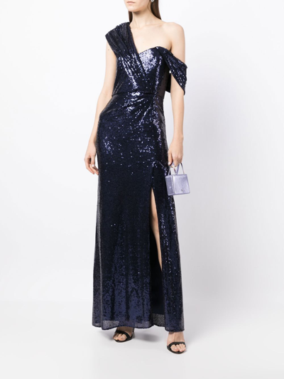 Badgley Mischka High-shine Cold-shoulder Midi Dress In Blue