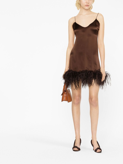 Shop Oseree Feather-trim Silk Dress In Braun