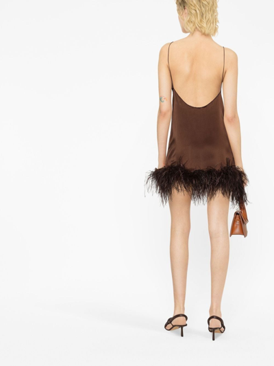Shop Oseree Feather-trim Silk Dress In Braun